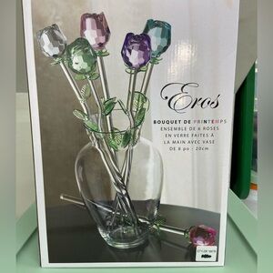 NEW Eros multicolor handmade glass‎ roses with vase set of 6 flowers home decor